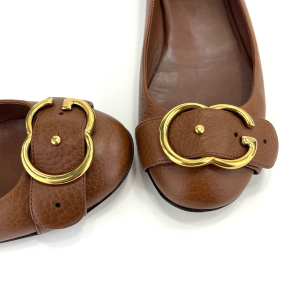 📌SOLD📌 GUCCI 100% AUTHENTIC BROWN LEATHER GOLD INTERLOCKING GG FLATS - Picture 11 of 16